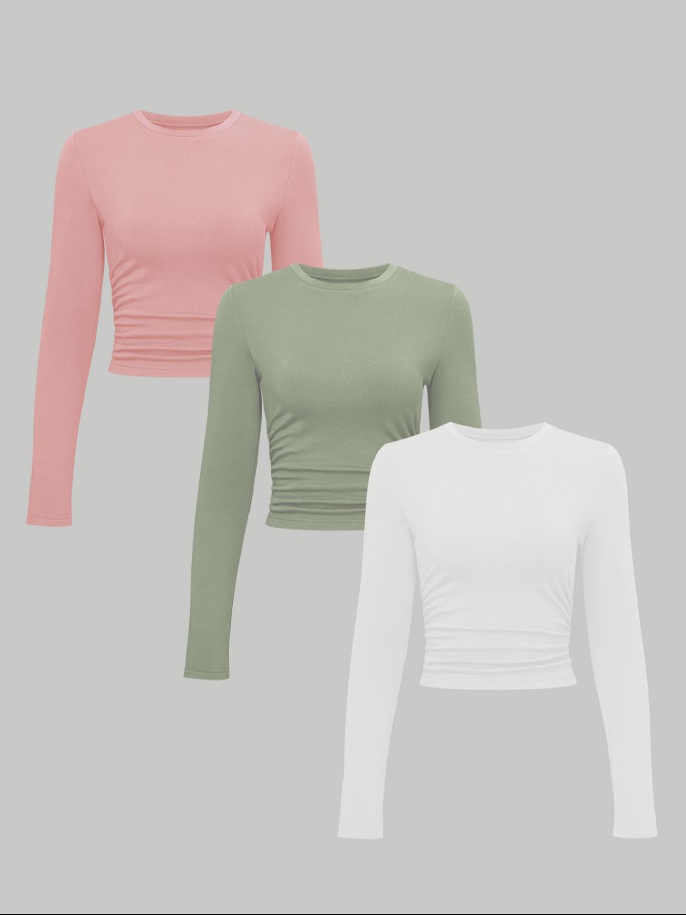 Women's Autumn Winter Casual Slim-Fit Long Sleeve T-Shirt Set, Side Ruched Design, Three-Piece Fashion Top for Daily Wear