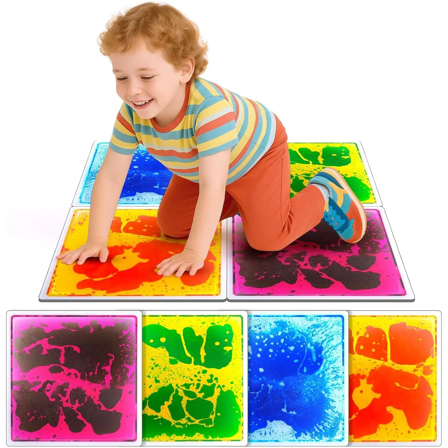 Sensory Floor Tiles for Kids Toddlers: 12"x12" Liquid Sensory Mats Puzzle Pads, Colorful Autism Sensory Play Mat for Dancing Stepping Lava Tile Games, Daycare Sensory Room Preschool Must Have(4 Pack)fidget toys