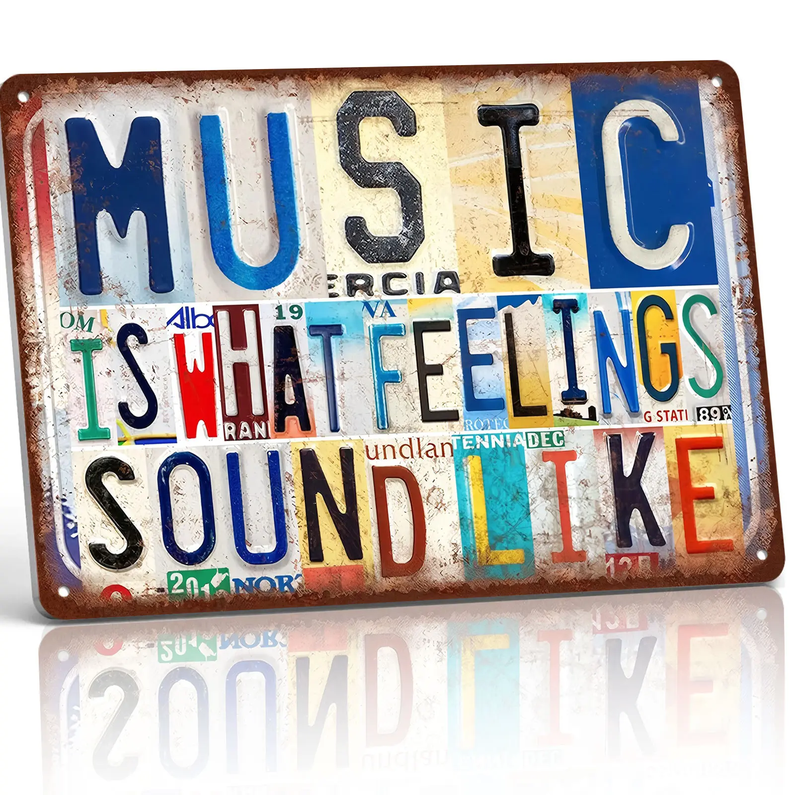 8x12 Inch Vintage License Plate Letter Aluminum Metal Sign, Music Is What Feelings Sound Like Retro Wall Plaque. Rustproof wall decor for music room, studio & bar, cool artistic indoor outdoor wall decoration gift for music lovers.