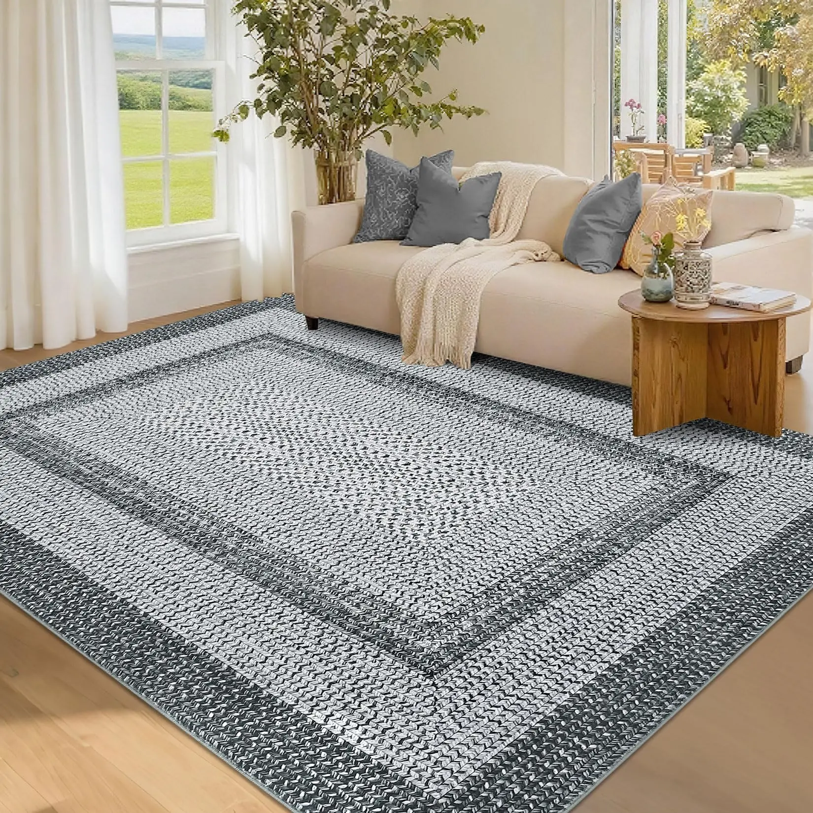 GARVEE 9x12 ft Jumbo Area Rug, Plush High Traffic Carpet for Large Living Room, Washable Non-Skid Polyester Rug with Luxurious Gabbin Weave in Grey