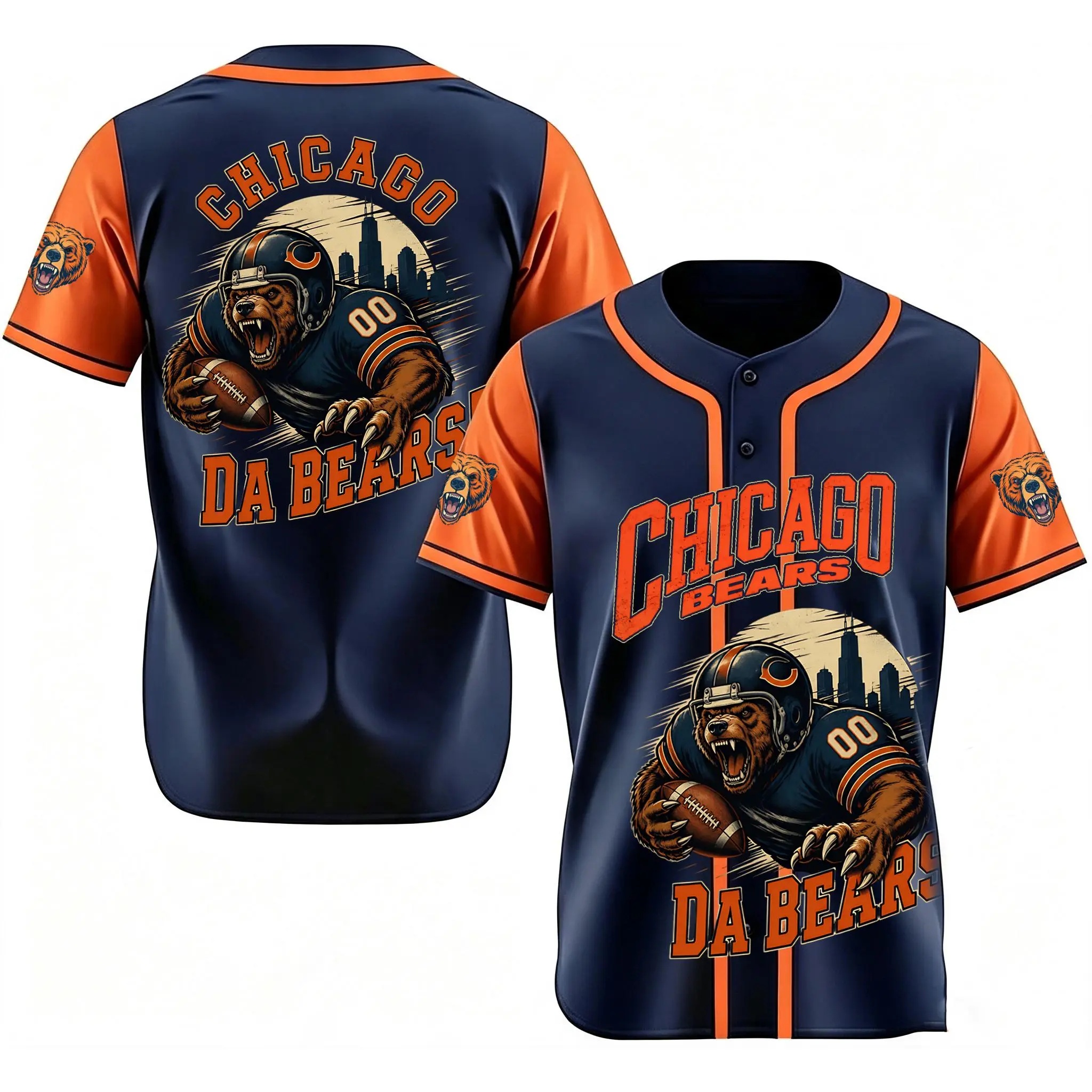 Vintage Chicago Baseball Jersey, King Of The North Bear Print Button Down Shirt, Sports Fan Streetwear, Men Women Casual Wear