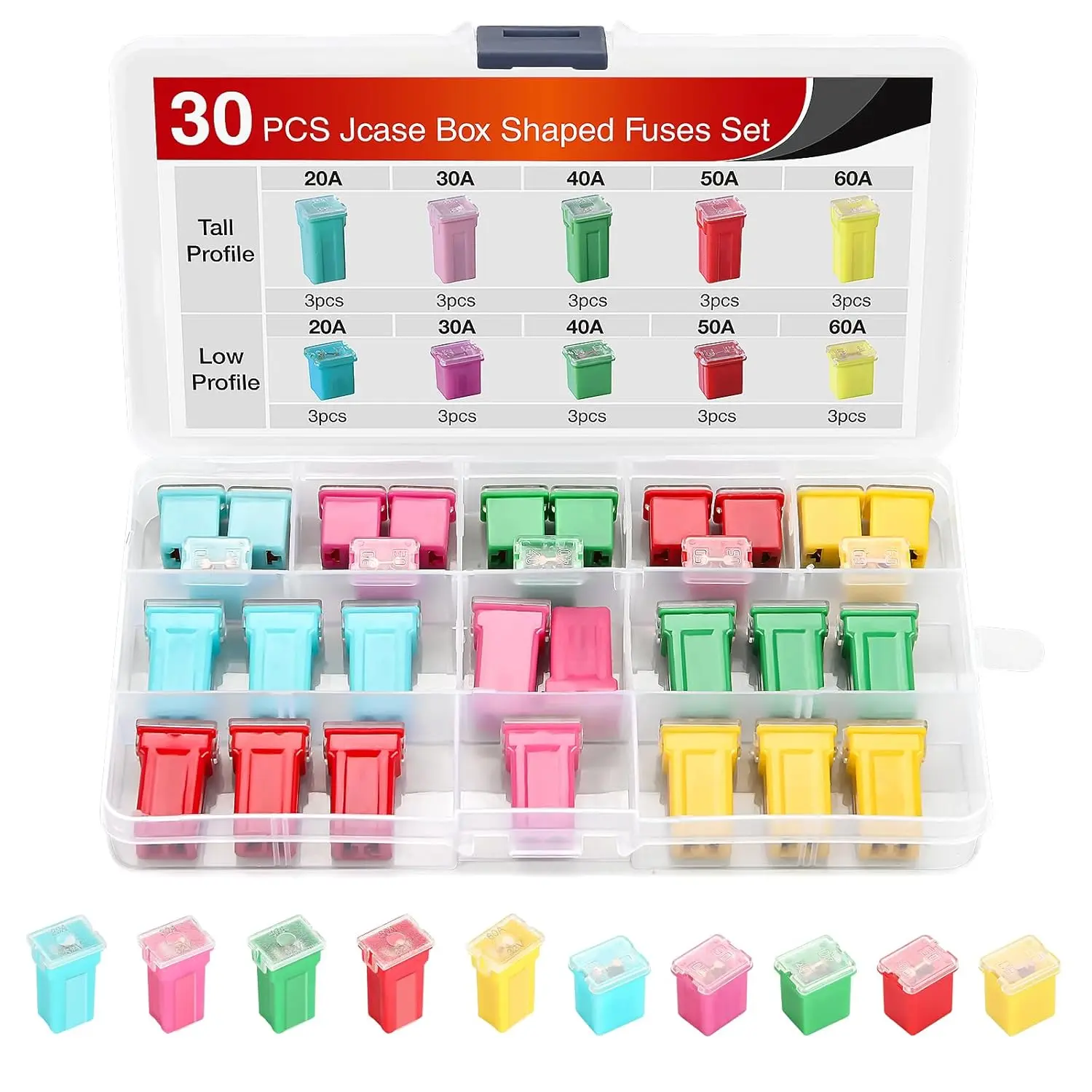 Nilight 30pcs Sturdy Plastic Automotive Jcase Fuse Assortment Kit - Low, Tall, STD Profile Box-Shaped Fuses with Coding & Removable Cover (20A,30A,40A,50A,60A) for Cars,Trucks to Replace Towing/Trailer Power
