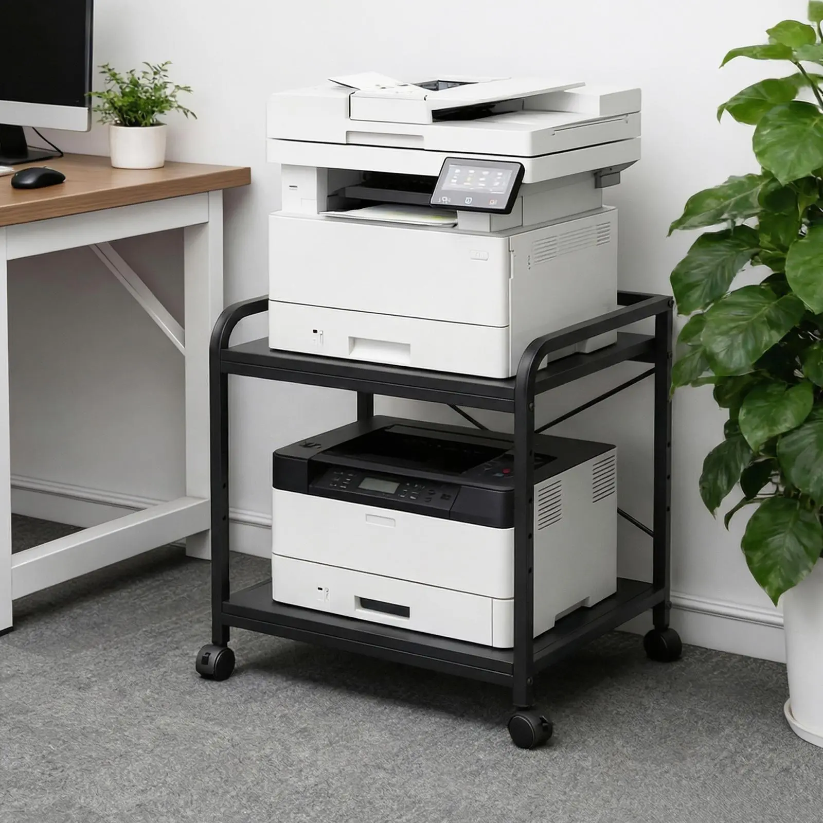 Under Desk Printer Stand,Large Printer Table with Height Adjustable Storage Shelf, 2 Tier Rolling Printer Cart with Wheels