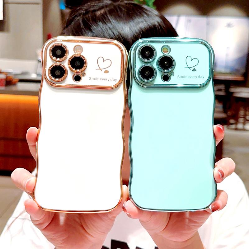 OREKROY [FreeShip] Cute Wave Shape with Love Heart Raised Camera Protection Phone case For iPhone 16 15 14 13 1211 Pro Max Accessories Durable Silicone Shiny Silicone Shiny Wavy
