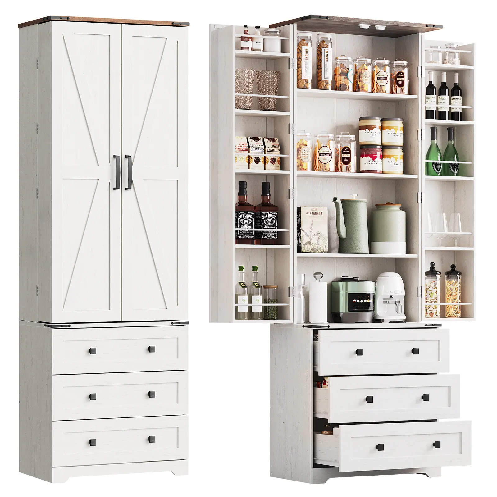 Gaomon 72in Tall Freestanding Farmhouse Kitchen Storage Cabinet, Barn Doors & Drawers, Adjustable Shelves for Organization, Utility Cupboard for Bathroom Storage Cabinet & Laundry Room, Freestanding Unit