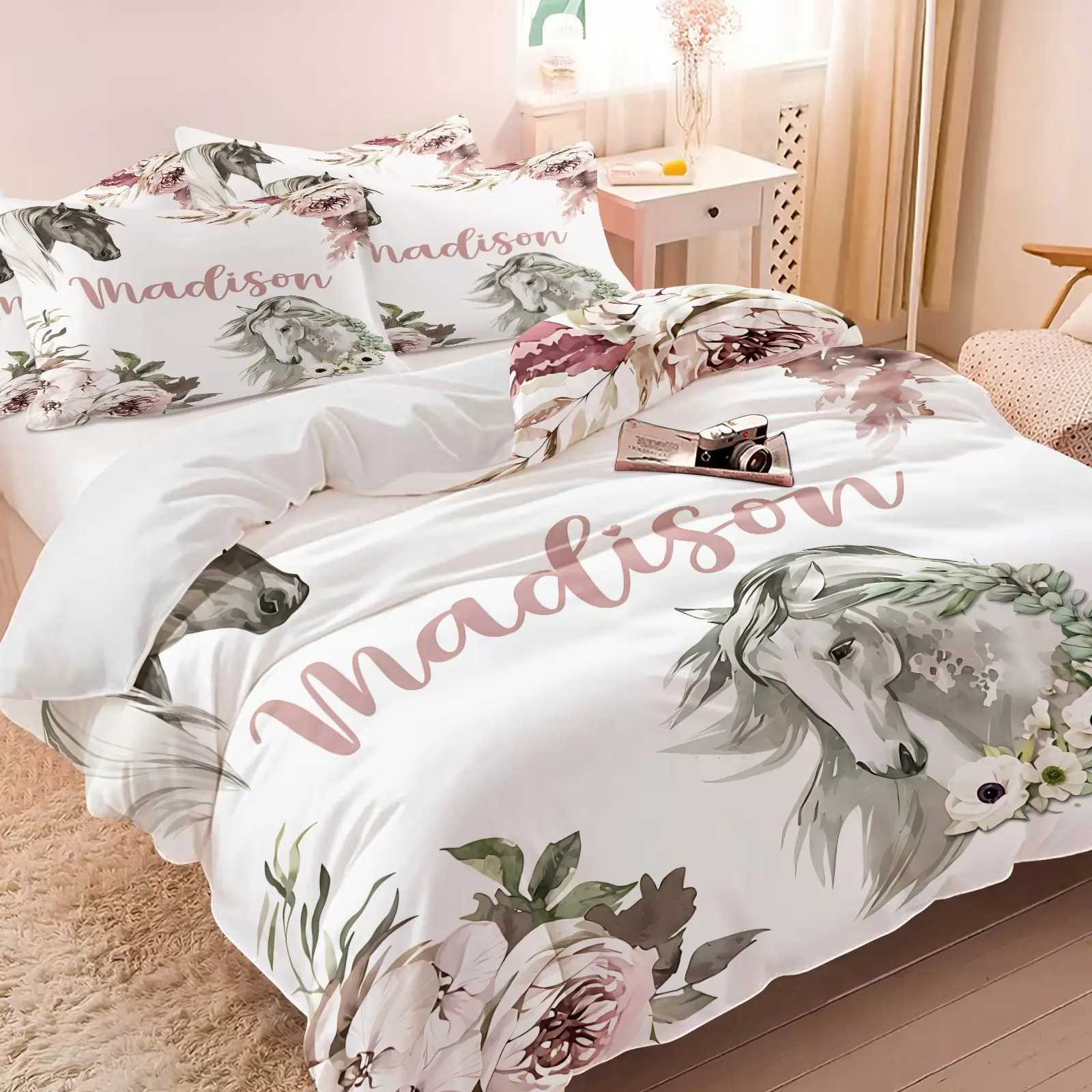 2/3Pcs Soft Custom Name Horse Floral Comforter Set Watercolor Grey White Horse Blush Peony Flower Print Personalized Bedding Elegant Neutral Lightweight Bed Set For Girls Farm Bedroom