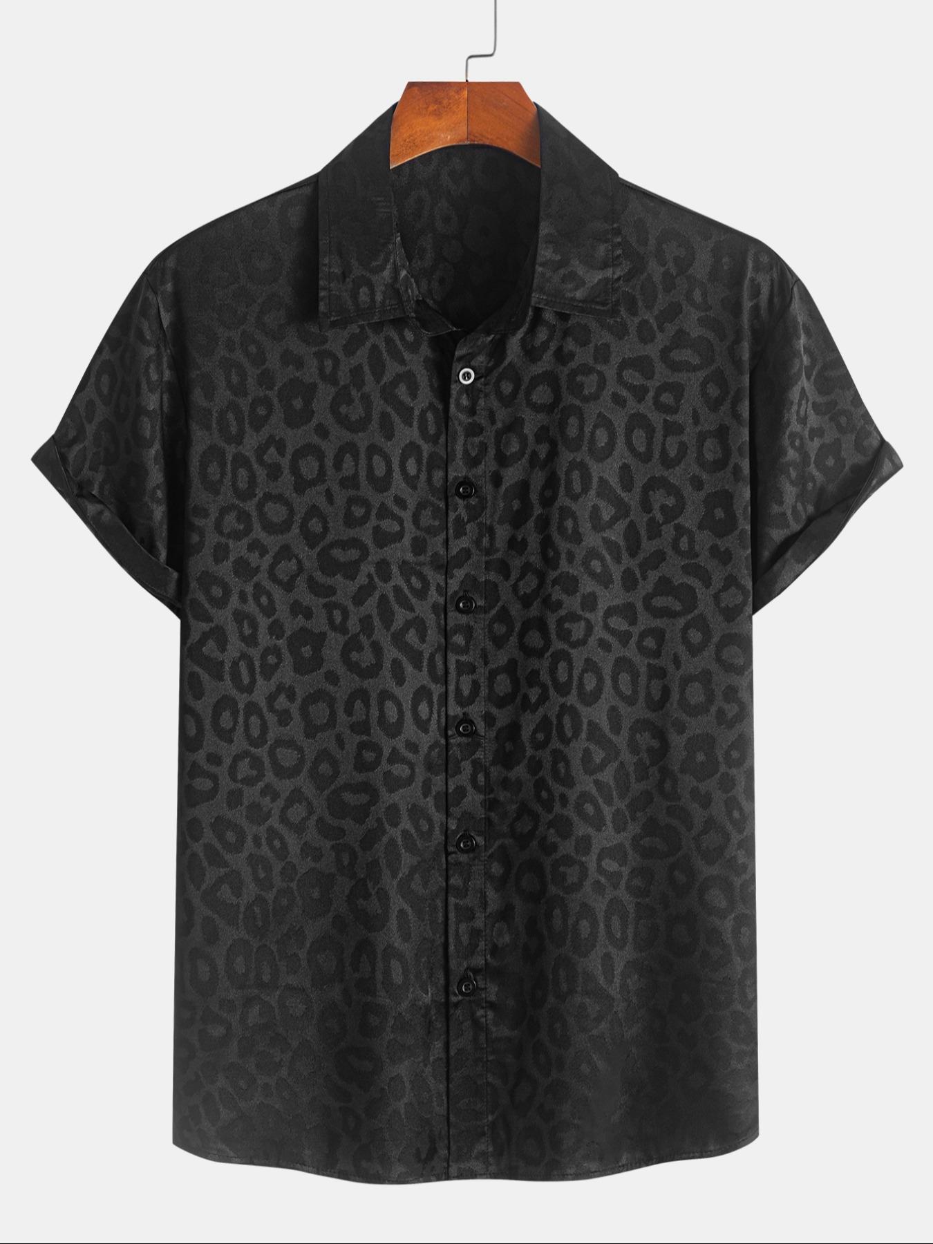 Men's Leopard Jacquard Satin Short Sleeve Shirt, Casual Party Shirt, Regular Fit Casual Soft Comfy Button Front Collared Top for Summer, Fashion Men's Clothes for Daily Wear