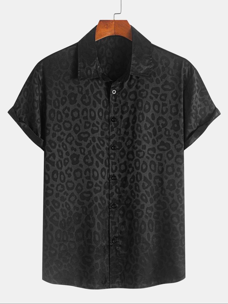 Men's Leopard Jacquard Satin Short Sleeve Shirt, Casual Party Shirt, Regular Fit Casual Soft Comfy Button Front Collared Top for Summer, Fashion Men's Clothes for Daily Wear