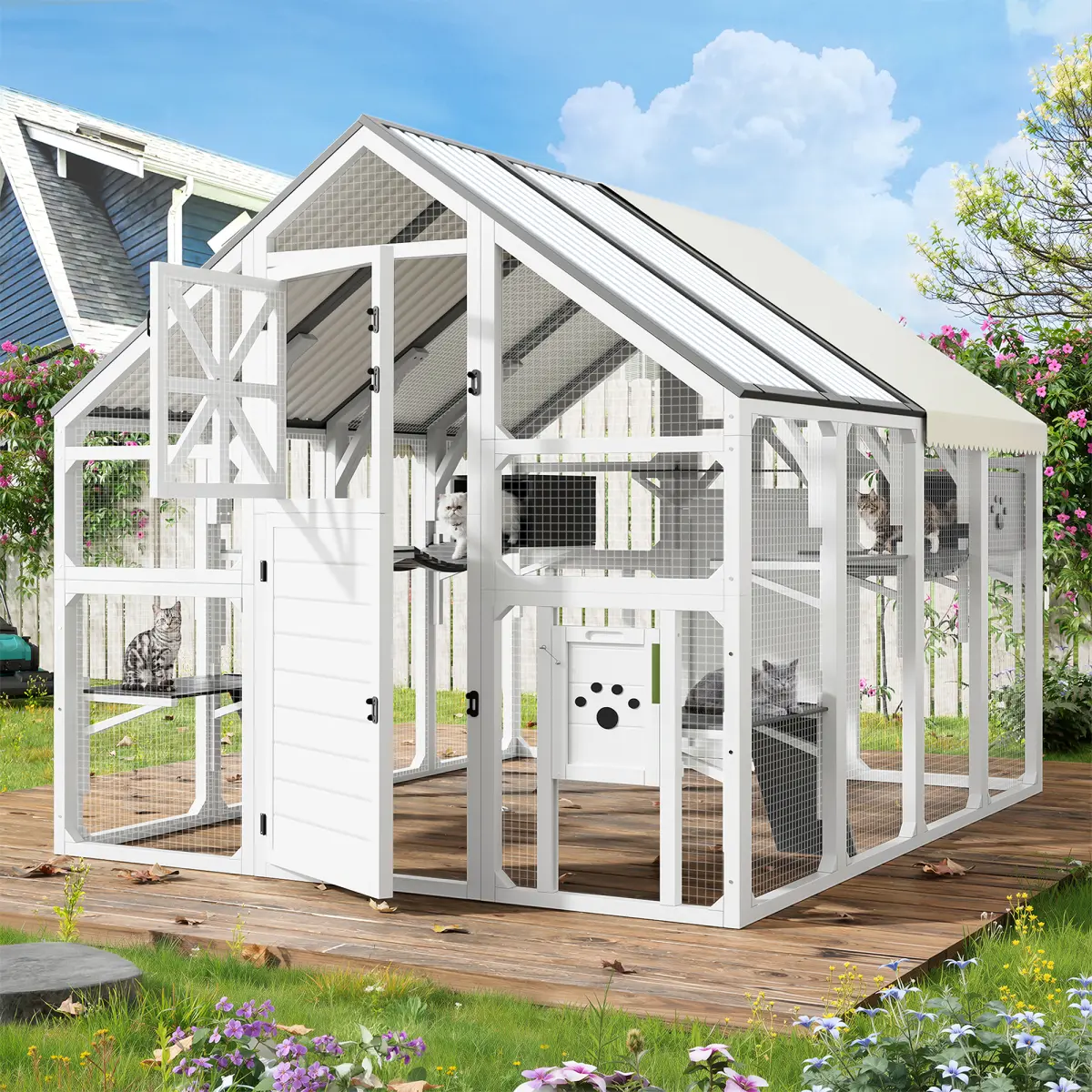 Extra Large Catio Outdoor Cat Enclosure, Walk-in Outdoor Pet House for Multiple Cats, Catio Cat Run Cage with Bridges, PVC Roof, Weatherproof  Cover, 7 Platforms, 2 Resting Box, White and Grey