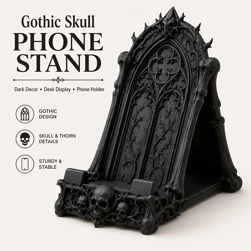 [Gothic Phone Stand] Gothic Skull Phone Stand, Dark Gothic Style Desk Phone Holder with Skull & Thorn Details, Black Decorative Cell Phone Stand for Desk, Nightstand, Shelf, Home Office Decor, Gift for Gothic Lovers