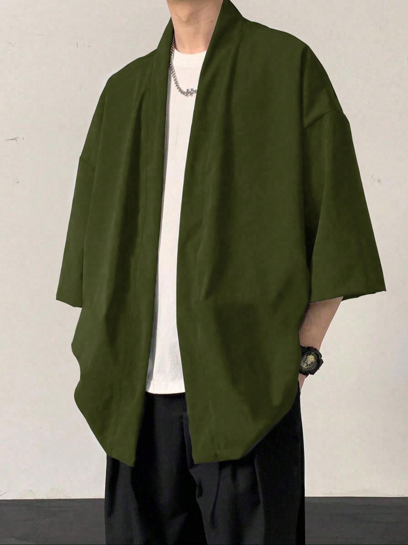 Men's Solid Color Open Front 3/4 Sleeve Loose Plain Shirt, Casual Comfy Top for Daily Wear, Men's Clothes for All Seasons