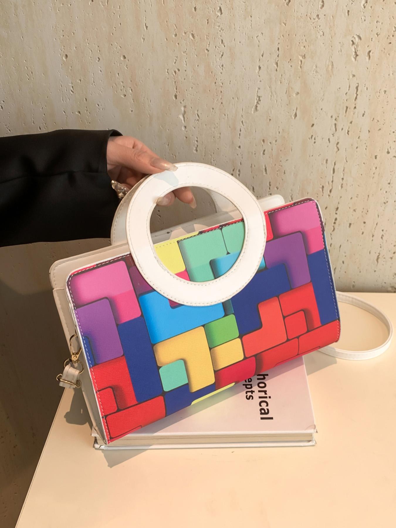 Valentine's Day Ladies' Handbags, Fashionable Retro Color-Blocked Design, Ideal for Commuting, Shopping, Dating & Parties, Colorblock Patchwork Handbag, Geometric Pattern Bag