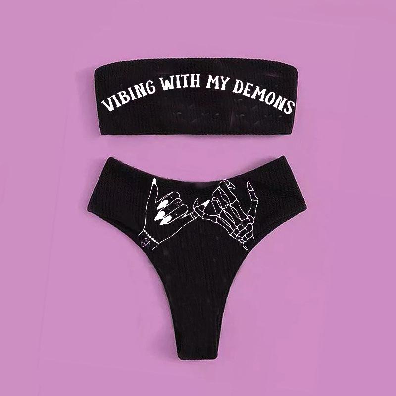 Women's Dark Gothic Strapless Bikini - Strapless Swimsuit Top, Gothic-Inspired Bathing Suit High Rise Swimwear