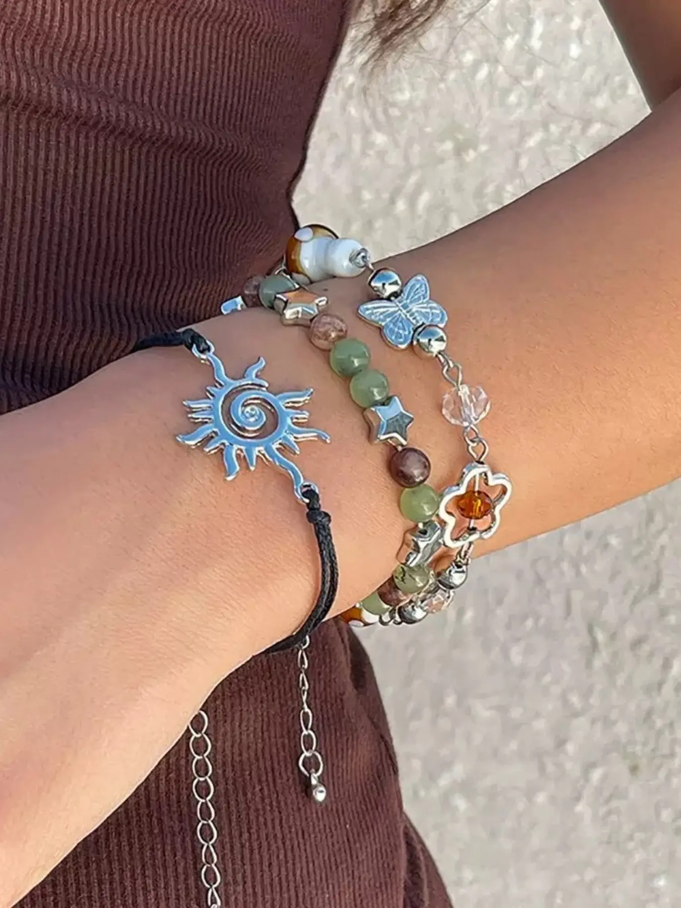 3-Piece Boho Stackable Bracelet Set, Crystal Stone Butterfly Beaded Chain, Perfect for Holidays, Beachwear, All Seasons