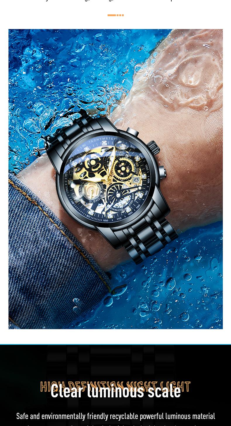 Men's Luxury Gold Skeleton Quartz Watch - Fully Iced Out Diamond Encrusted Wristwatch with Chronograph Tachymeter, Date Display, Stainless Steel Band, Perfect Gift for Him