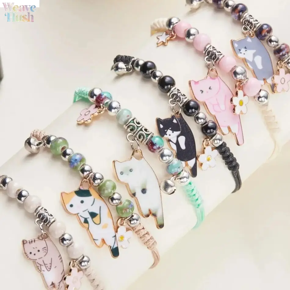 Woven Bead Charm Bracelet with Animal Cat Pendant, Handmade Multicolor Fashion Jewelry for Women, Unisex Gift for Friends, All Seasons Daily Wear, Bangle