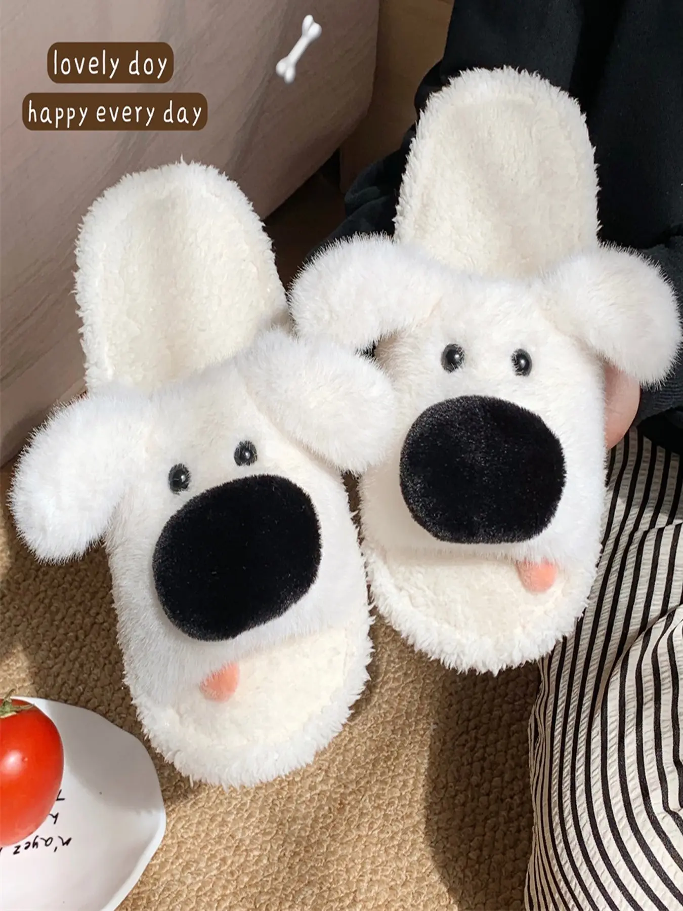 New Cartoon Tongue Out Big Nose Puppy Plush Open Toe Slippers, Couples' Fall Winter Home Non-Slip Soft Bottom Plush Slippers