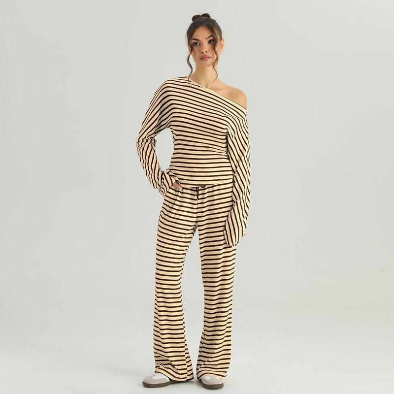 KatchMe Women's Casual Sloping Shoulder Bold Stripe Long Sleeve Top & Drawstring Waist Loose Trousers Co-ord, Comfort Two Piece Outfits(2) KatchMe Women's Casual Sloping Shoulder Bold Stripe Long Sleeve Top & Drawstring Waist Loose Trousers Co-ord, Comfort Two Piece Outfits(2)