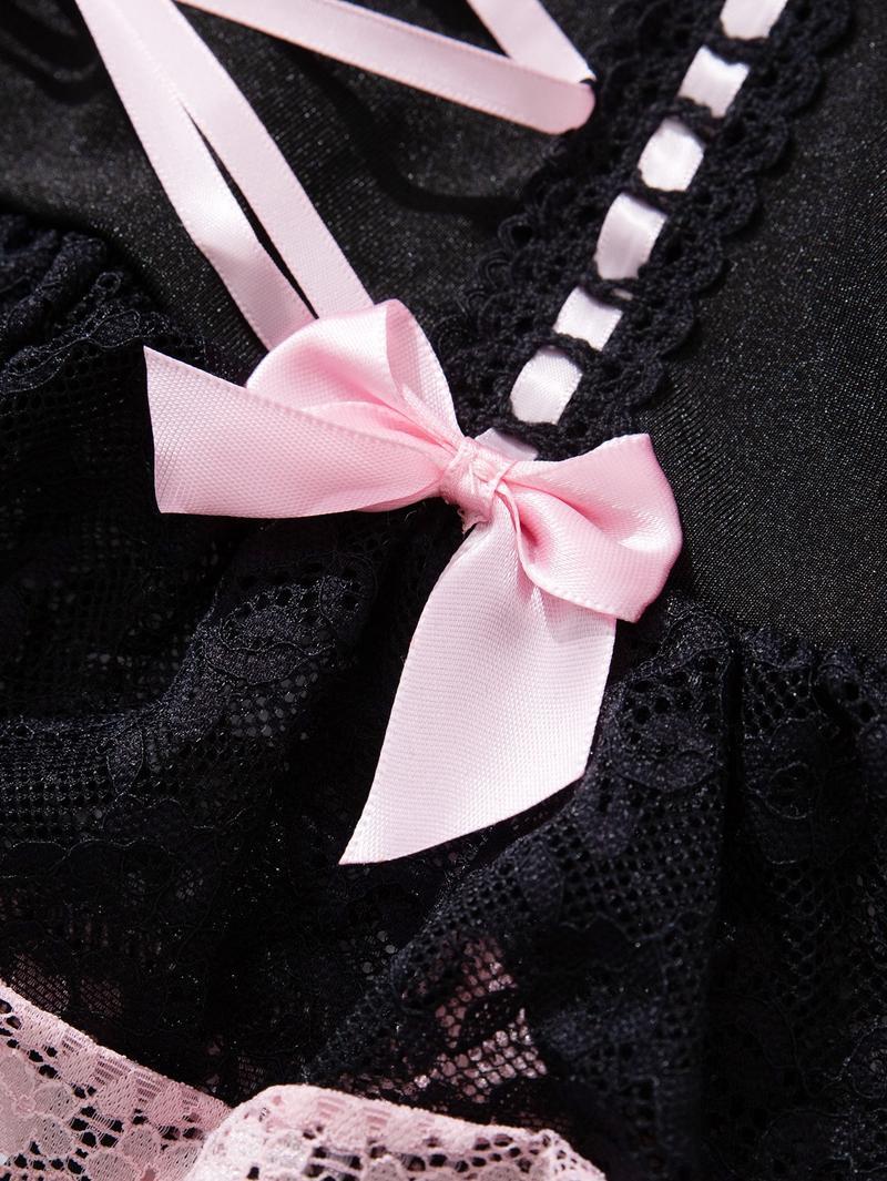 Women's Sexy Black & Pink Lace Corset Lingerie Set, Push-Up Bustier with Lace-Up Detail, Bow Accent Ruffle Hem Garter Belt Lingerie, Perfect for Valentine's Day, Date Night & Romantic Occasions, Seductive Maid Style Intimates