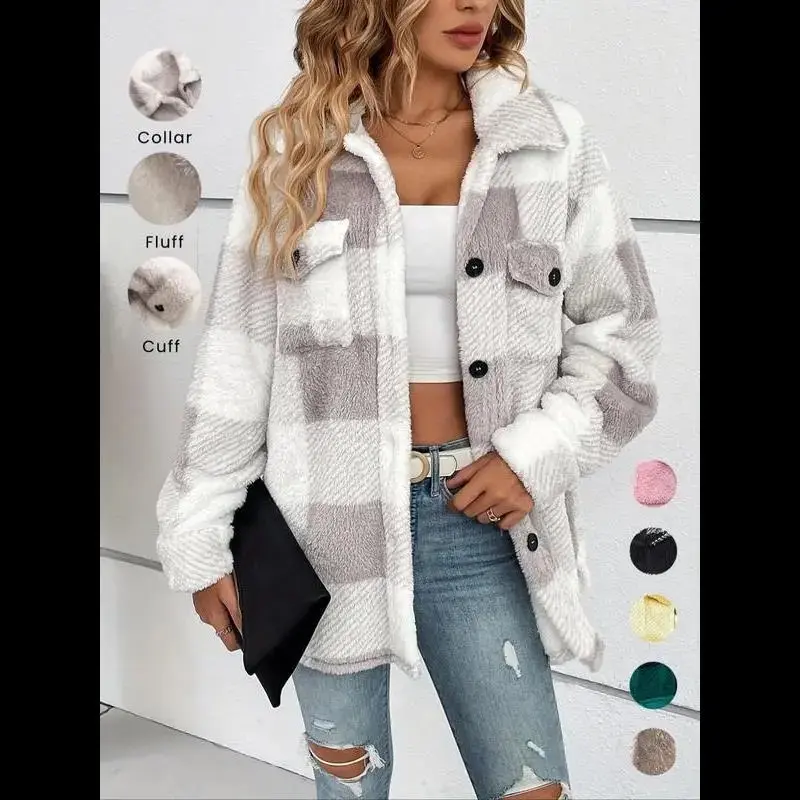 Women's Plaid Print Button Front Fuzzy Coat Casual Drop Shoulder Long Sleeve Collared Double Breasted Wool Pea Coat Outerwear for Fall & Winter Daily Ladies Wear