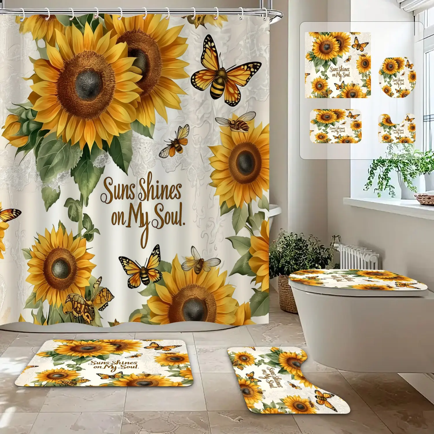 Sunflower Butterfly Print Bath Curtain Set, Botanical Shower Curtain, 100% Polyester Waterproof, Elegant Fashion Bathroom Decor, 1/4pcs Long Rectangle Shades