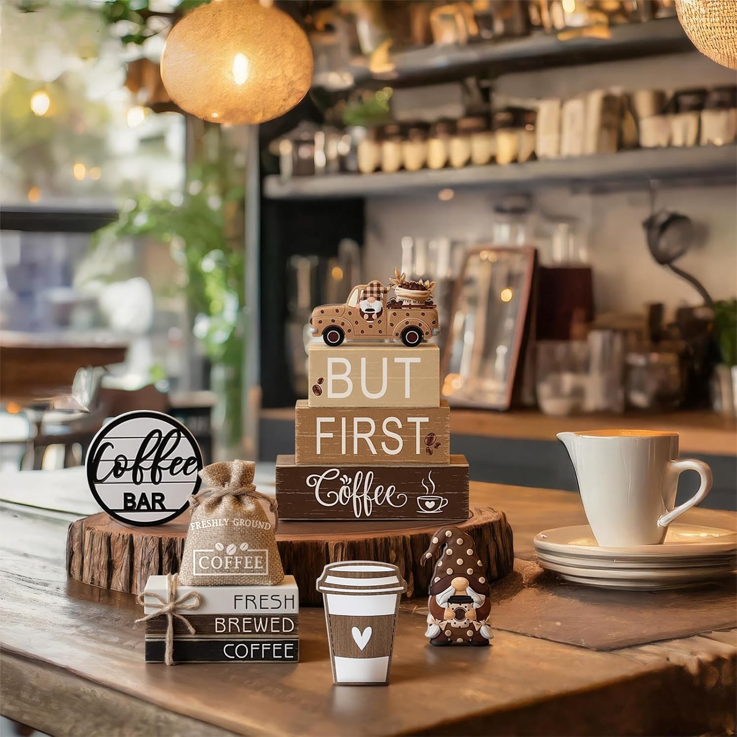 11 Pcs Coffee Bars Table Decorations Coffee Tiered Tray Decor Farmhouse Table Centerpiece Wooden Books Home Tabletop Decor for Home Kitchen