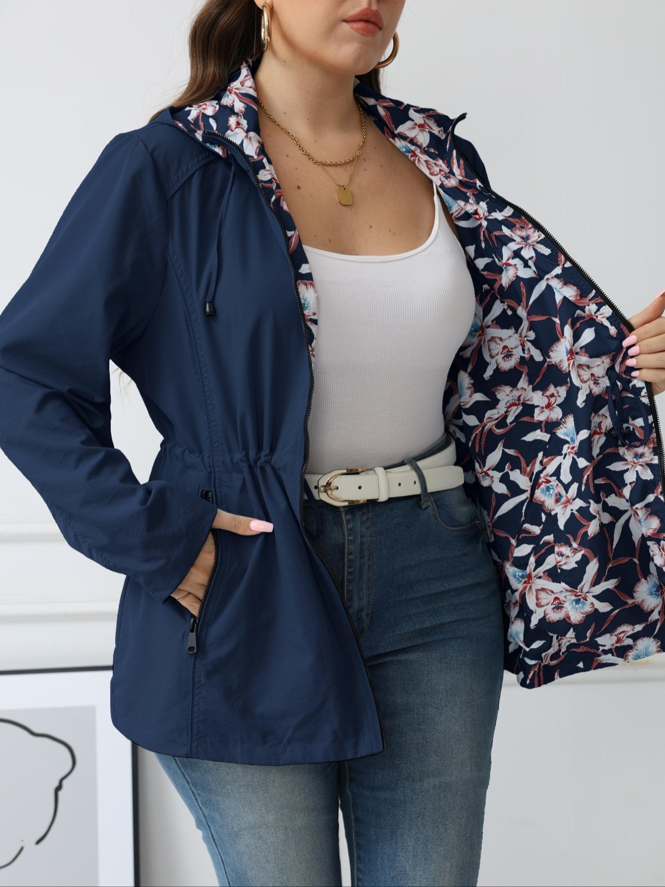 Giolshon Women's Plus Size Autumn Winter Reversible Jacket, Fashionable Hooded Windbreaker for All Seasons, Comfortable Business Casual Outerwear