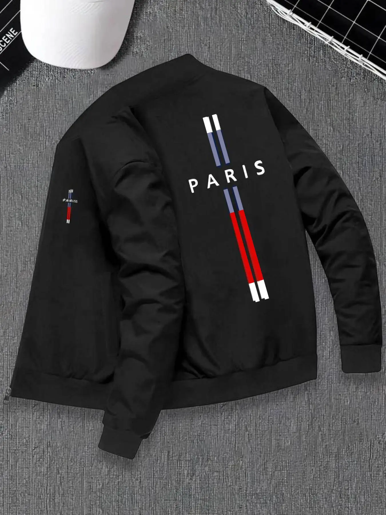 French Letter Paris Three-Color Vertical Stripe Baseball Jacket for Men, Smooth Fabric, Fall & Winter, Casual Loose-Fit Sweatshirt