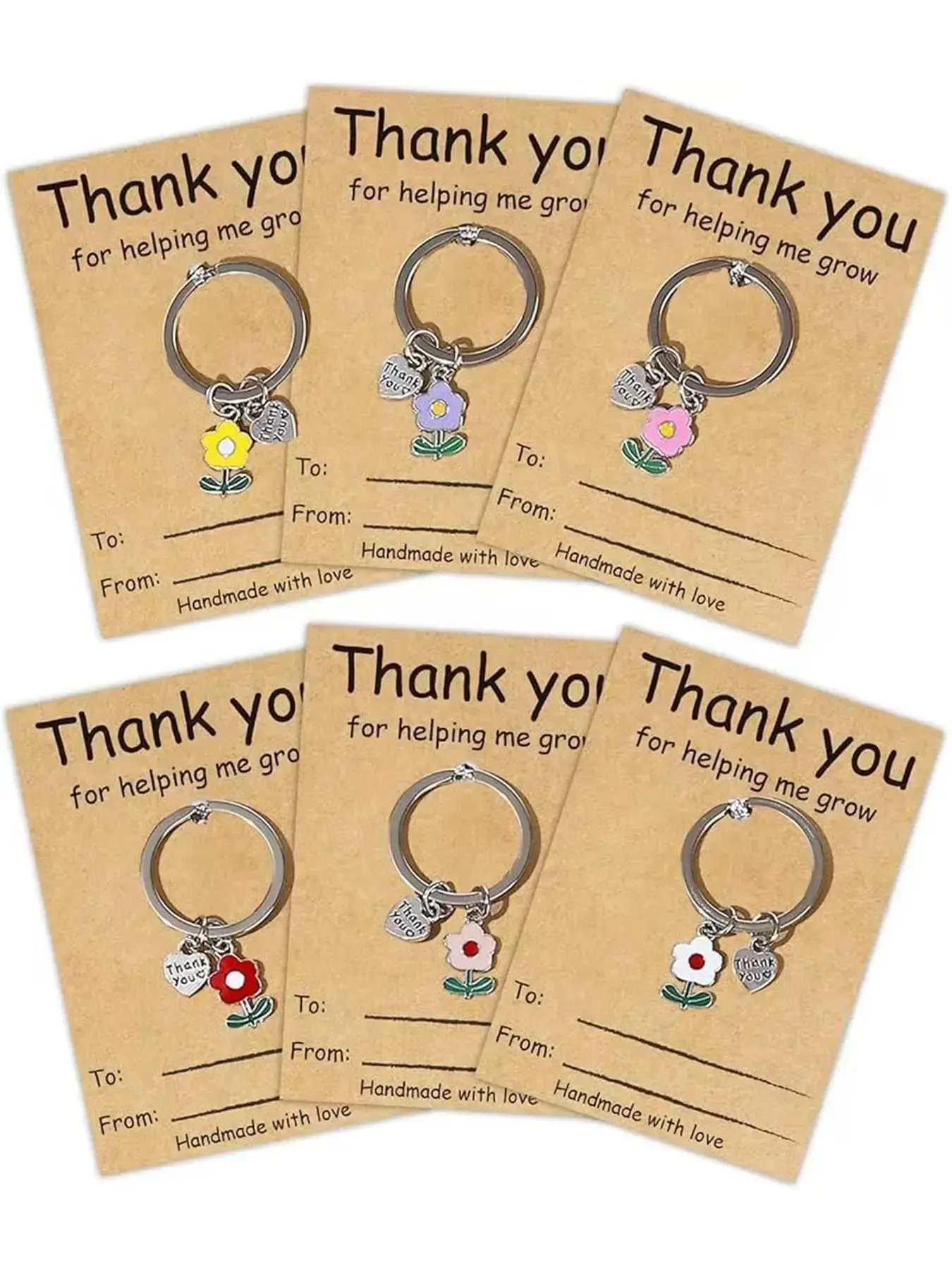 6-Piece Gratitude Growth Flower Keychain Set, Teacher Appreciation Gift, Enamel Floral Key Ring with Kraft Card, Handmade, Ideal for Teachers' Day, Christmas, Back-To-School