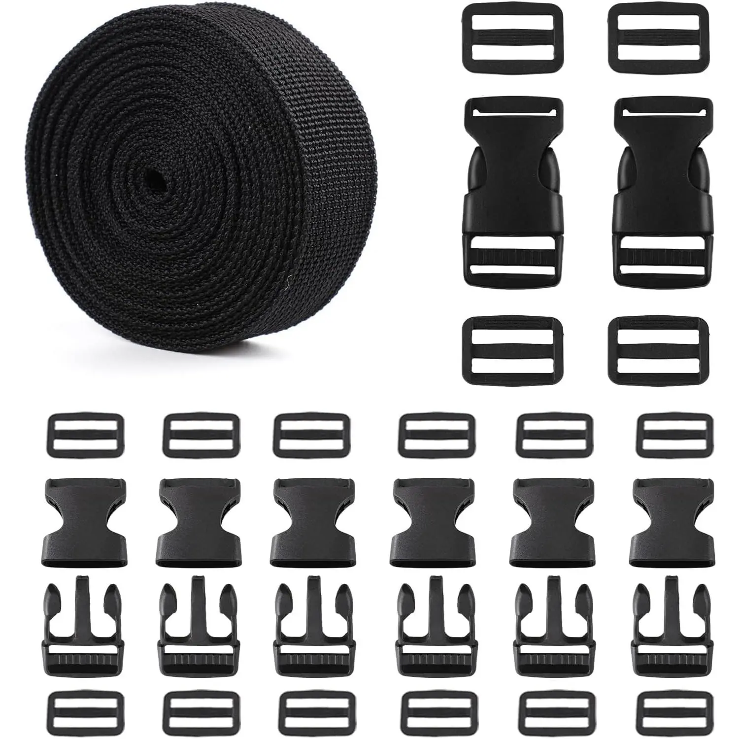 Strap and Buckles kit - 18 ft Nylon Webbing 1 inch wide, 8 Pack Quick Release Buckle, 16 count Tri-Glide Slide Clips, Black Stylish Plastic Buckles for Strips 1 inch Set, Adjustable Non-sewing