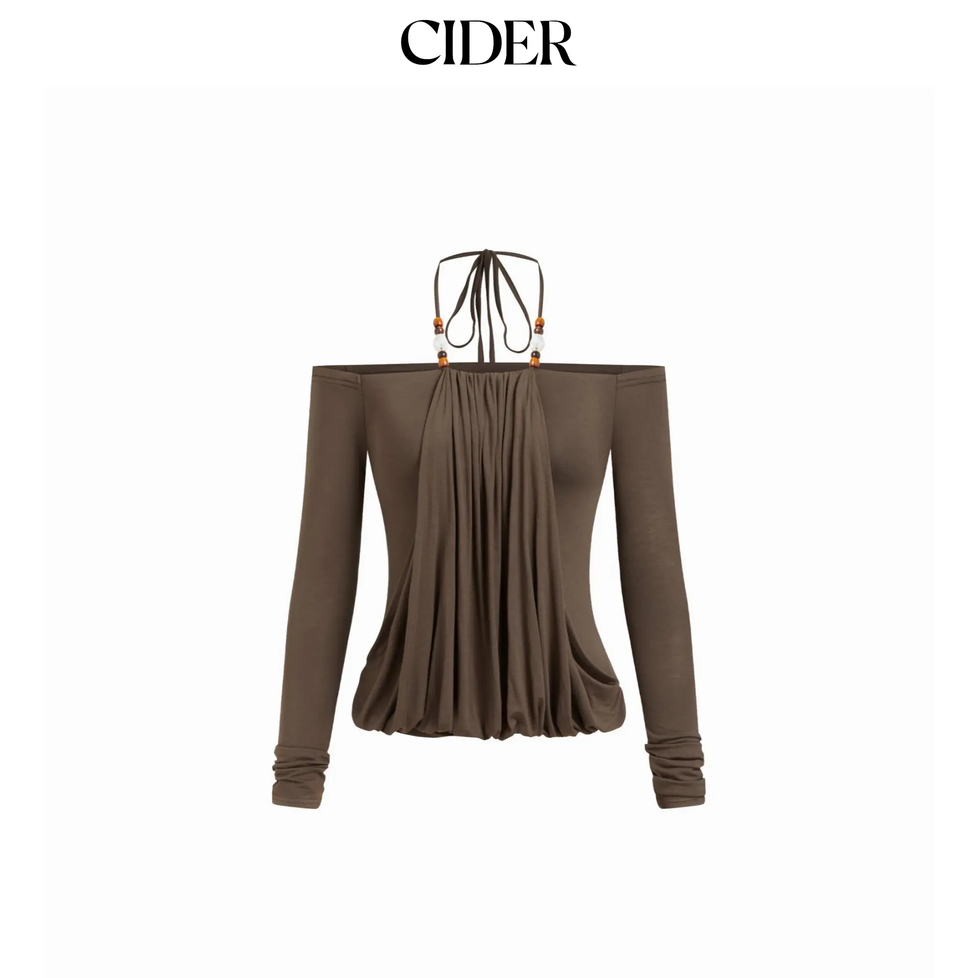 Cider Halter Neckline Beaded Draped Long Sleeve Top SohoChic