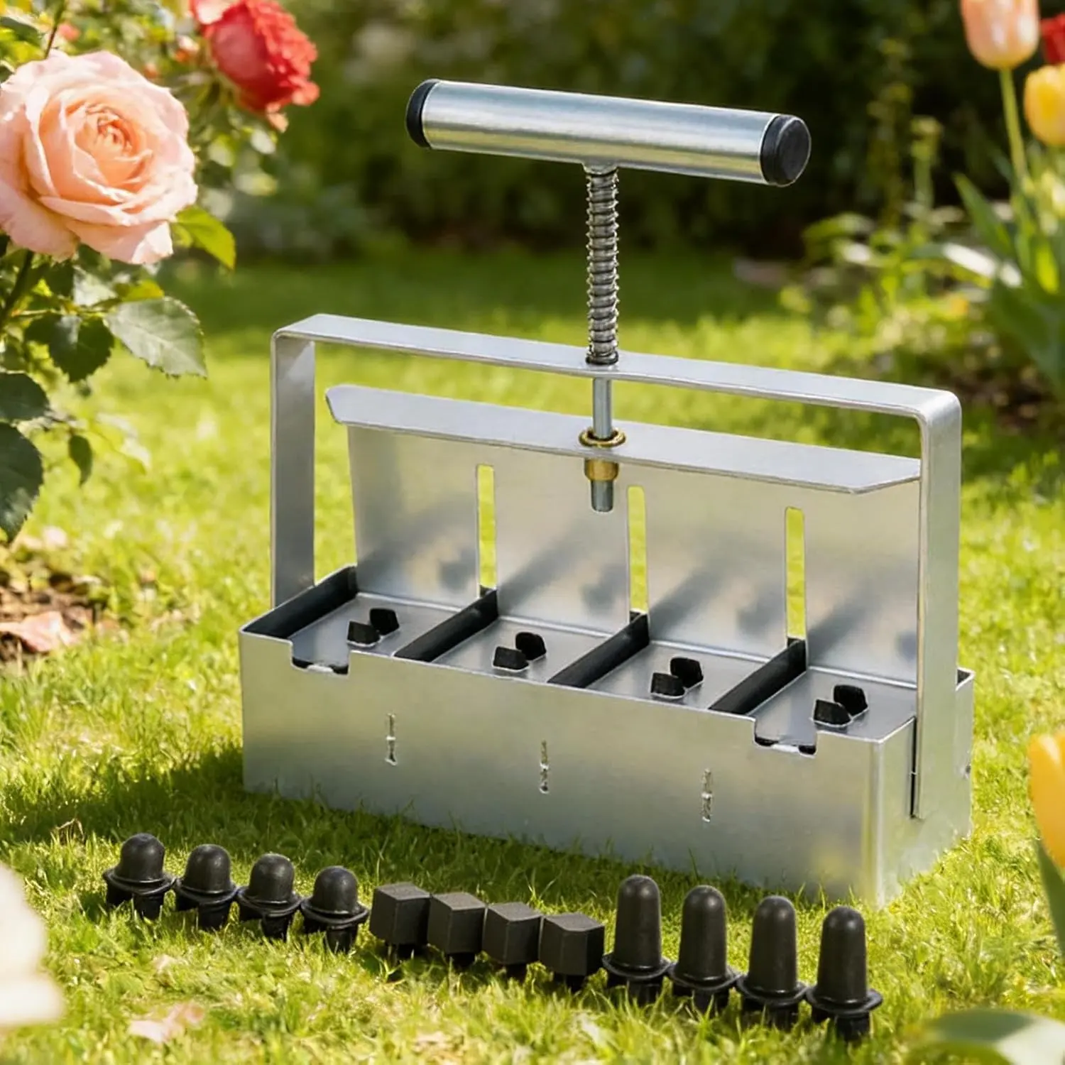 Multi-Function Soil Blocker Seed Sower, Adjustable Hole Sizes, Stainless Steel Mold, Spiral Handle, Eco-Friendly, Ideal for Family Gardening