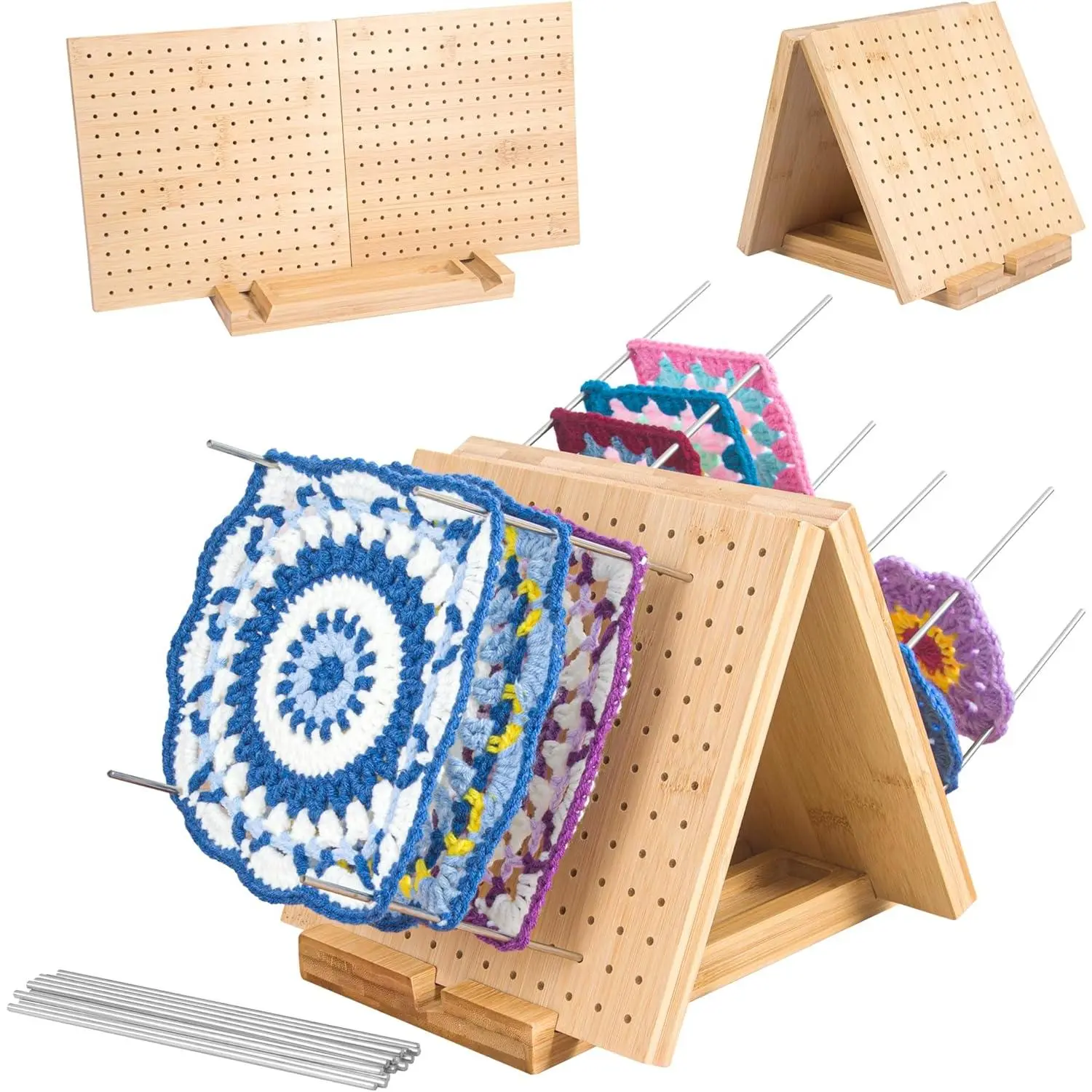 Crochet Blocking Board with Pegs & Accessories - 15.5x7.7in Unisex Stylish Practical Longevity Knitting Board for Granny Square, Beginners, Grandma & Mom Complete DIY Tool Kit