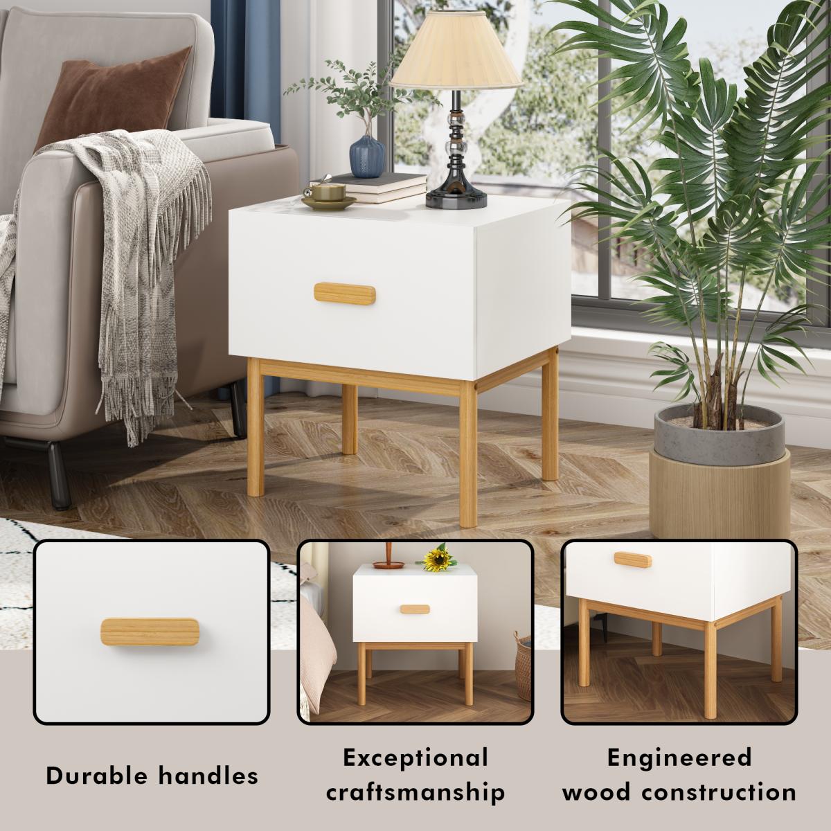 Modern White Nightstand with Drawer and Wood Legs, Minimalist Bedside Table with Handle for Bedroom, Living Room, Apartment