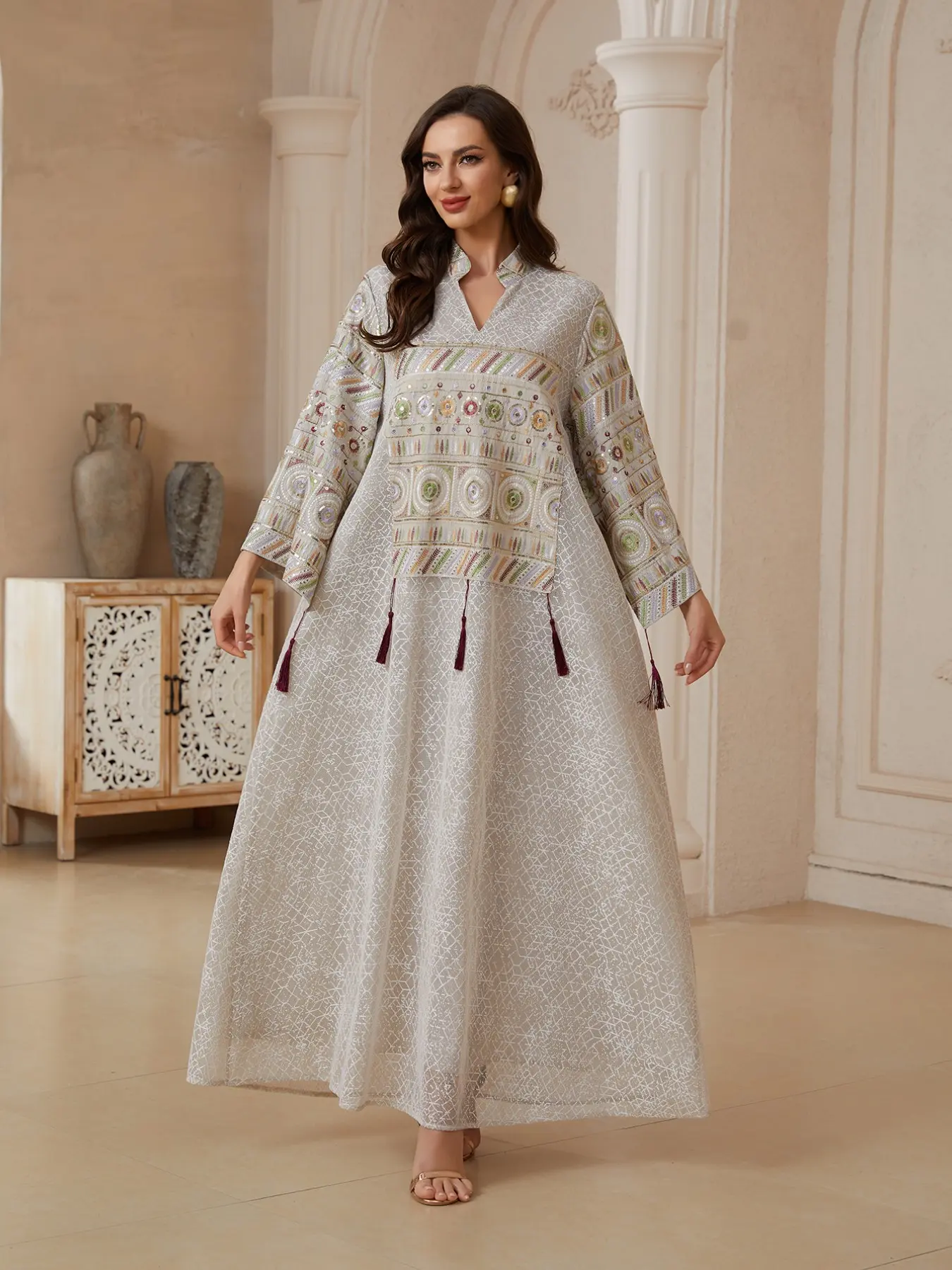 Elegant Middle Eastern Style Women's Jalabiya Dress, V-Neck Beaded Shimmer Fringe Embroidery, Arabic Clothing for Formal Festivals and Daily Wear