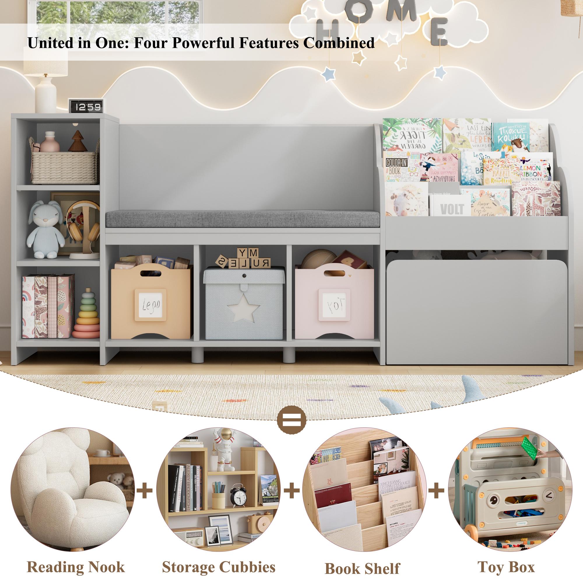 HOSTACK 67" Reading Nook with Bench Bookshelf  with Seat Cushion & 6 Storage Cubbies Toy Storage Box on Wheels Furniture Organizer Organization Organizing,Black Friday，Christmas gifts