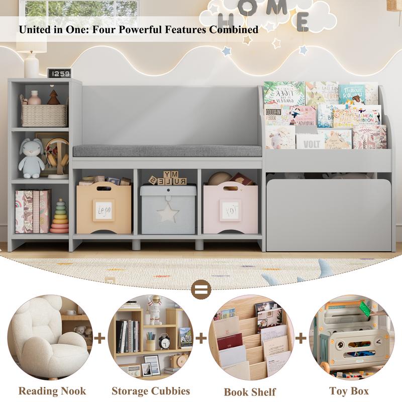 HOSTACK 67" Reading Nook with Bench Bookshelf  with Seat Cushion & 6 Storage Cubbies Toy Storage Box on Wheels Furniture Organizer Organization Organizing,Black Friday，Christmas gifts