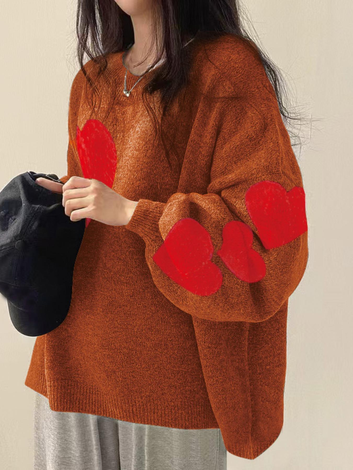 【Plus Size】 Colorblock Heart Pattern Crew Neck Sweater, Casual Long Sleeve Pullover Jumper for Daily Outdoor Wear, Women Plus Clothing for Fall & Winter