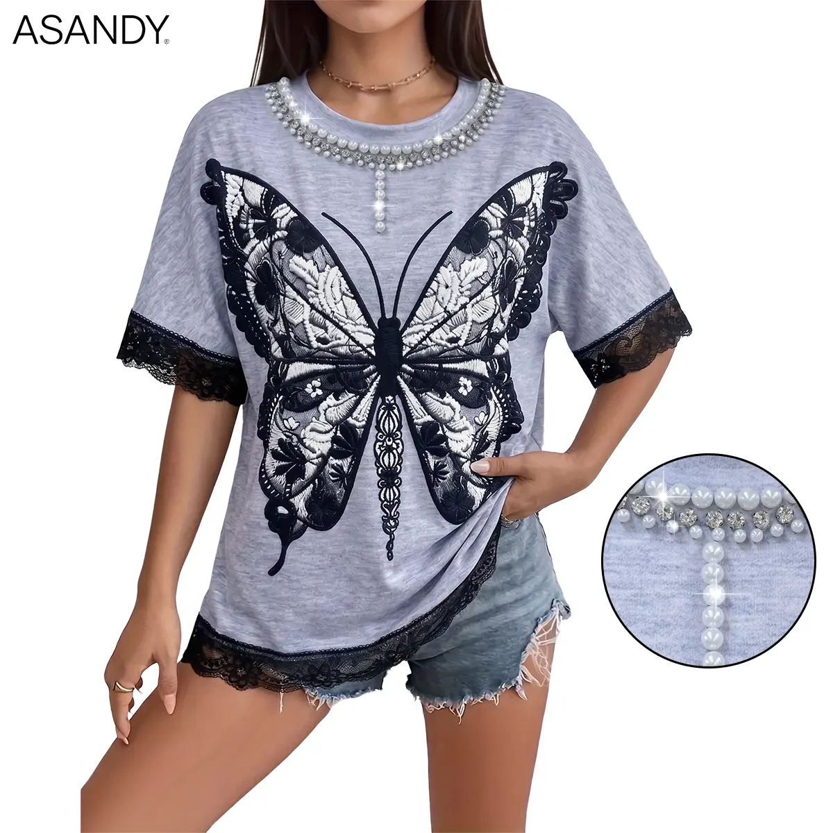 ASANDY Women's Casual Loose Fit T-Shirt with Butterfly Print, Pearl Rhinestone Neckline, and Lace Trim Short Sleeves, Butterflies, Tshirt