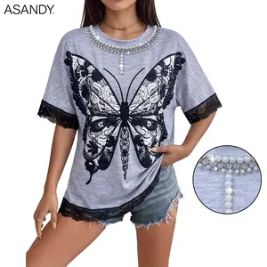 ASANDY Women's Casual Butterfly T-Shirt, Loose Fit Short Sleeve Top with Pearl Rhinestone Neckline and Lace Trim, Butterflies