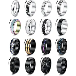16Pcs Silver Black Stainless Steel Rings Set for Men, Stress Relief Spinner Fidget Rings for Anxiety, Rotating Band Wedding Engagement Promise Rings for Men, US Size 9
