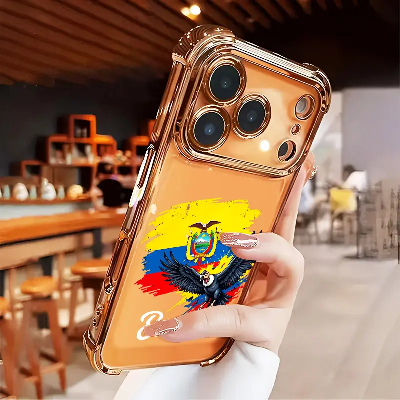 Ecuador Brush Stroke Flag Condor Bird Print Phone Case for iPhone 16 15 14 17 16e 13 12 11 Pro Max Father's Day gift Plus border Electroplating with counter-fall Safety Cushion 2D printing Four-corner Thickened