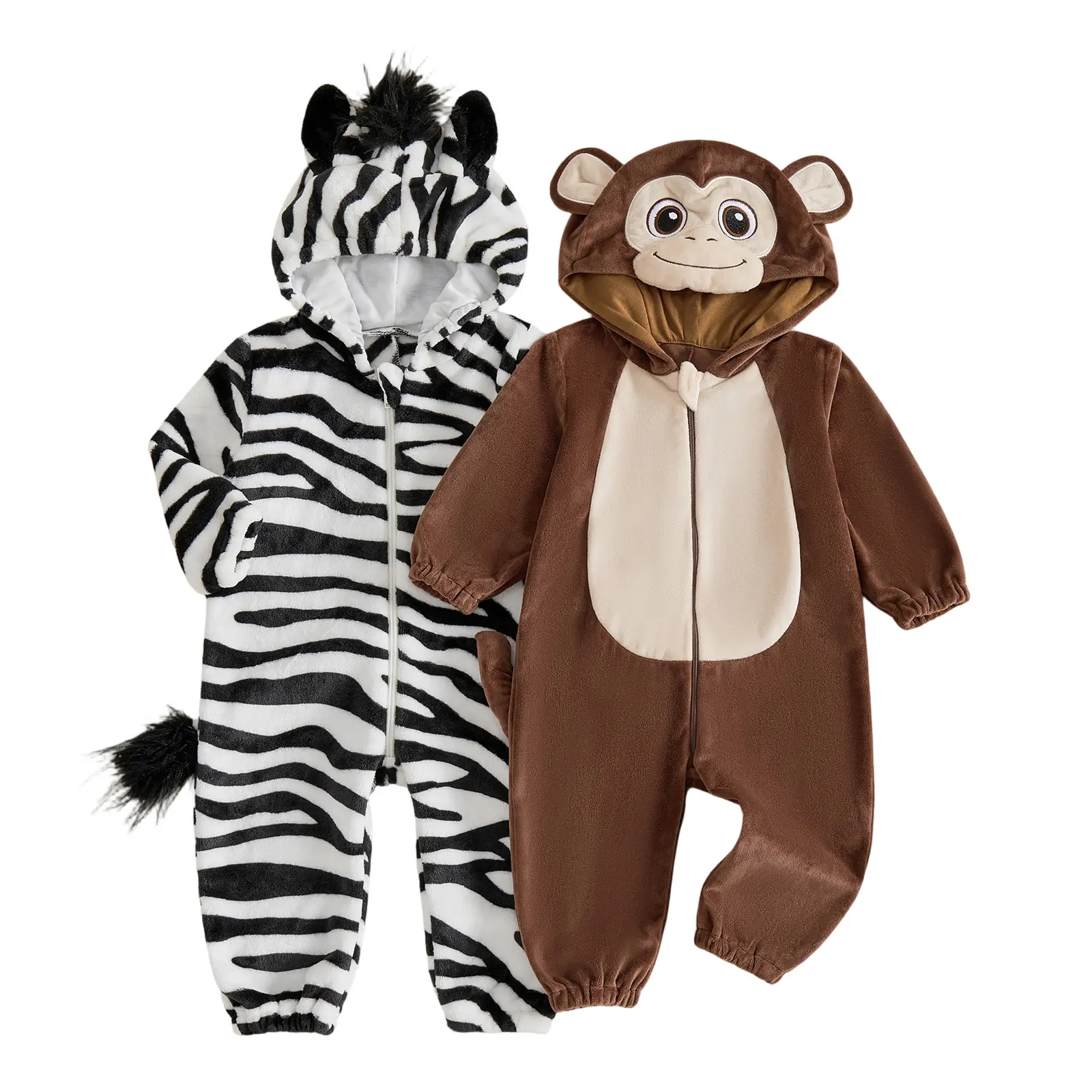 Toddler Baby Little Boy Girl Animal Costume Monkey/Zebra Fleece Hooded Jumpsuit Cute Halloween Snowsuits 6M-7T