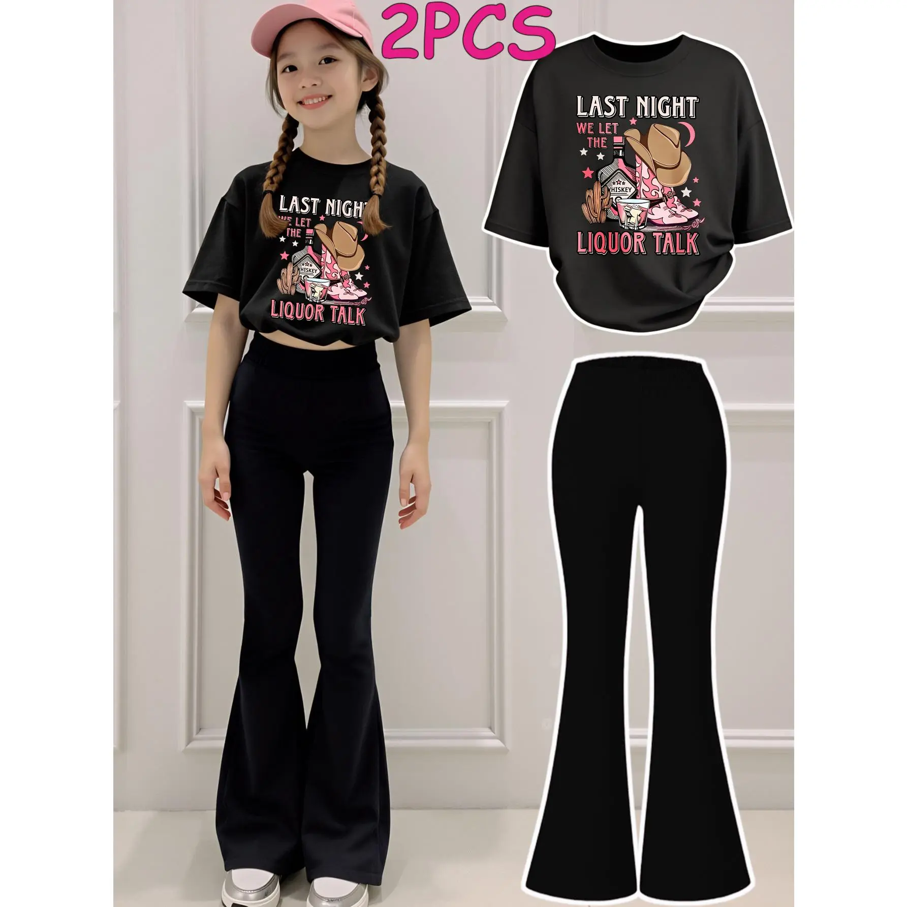 2pcs Tween Girls Clothes T-Shirt Set Last Night We Left The Liquor Talk Print Girl Clothes Short-Sleeve Round Neck T-Shirt Bell Bottom Pants Set Perfect for Kids Clothes, for Outdoor