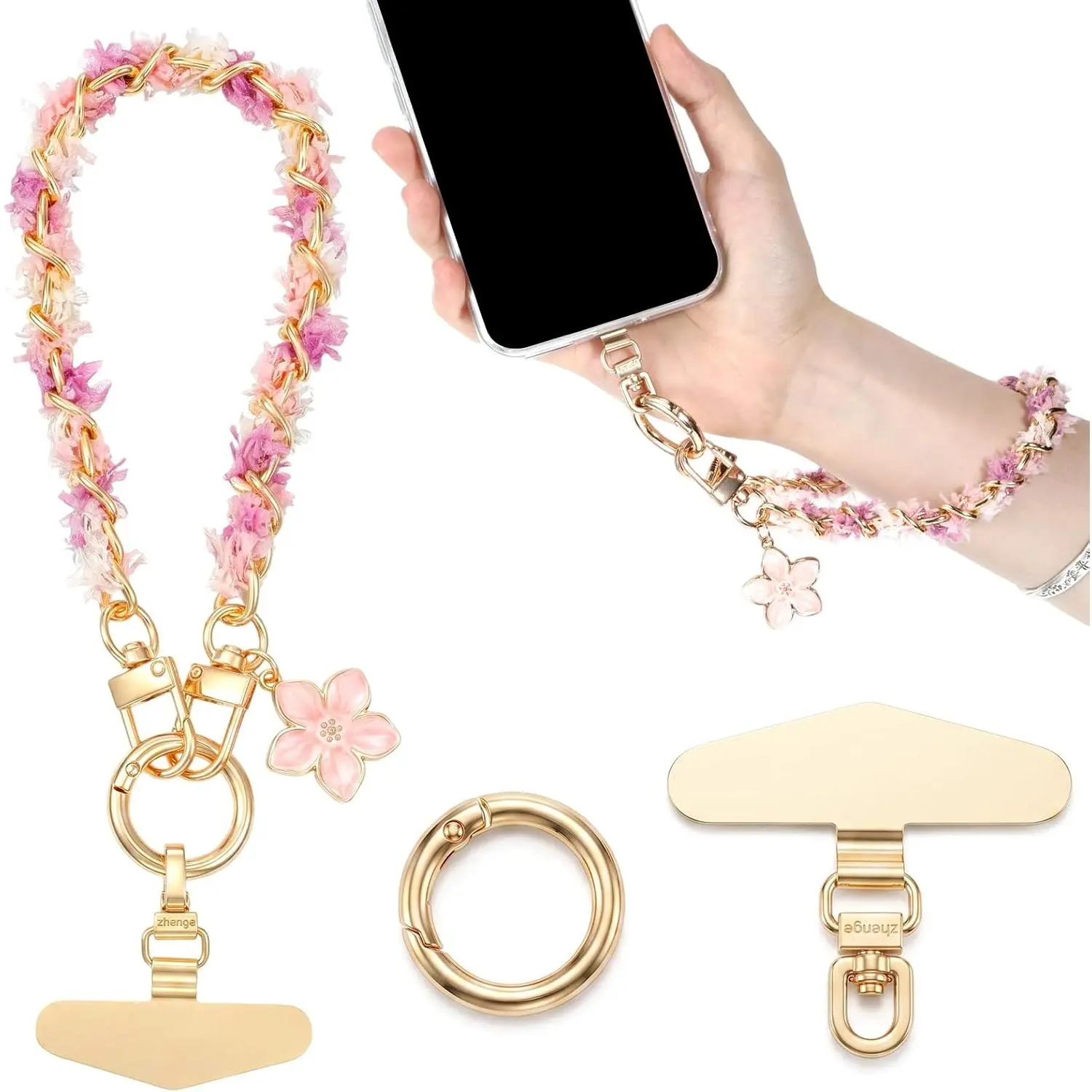 Women's 1-Count Detachable Smartphone Wristlet Lanyard - Anti-Drop Alloy Round Clip Flower Charm for Travel, Daily Use