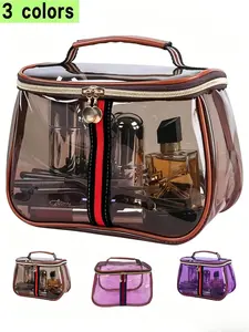 Retro Style Cosmetic Bag, Transparent Toiletry Pouch, Zipper Design, Waterproof, Large Storage Case, Travel Makeup Organizer, Vintage Cosmetic Bag, Cosmetic Travel Bags