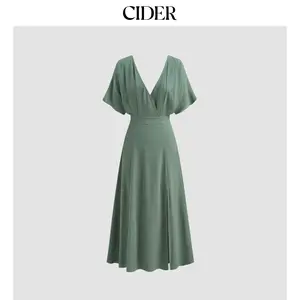 Women's Cider Linen-Blend V-Neck Solid Ruffle Split Maxi Dress, Sizes 0-26 Dealsforyou