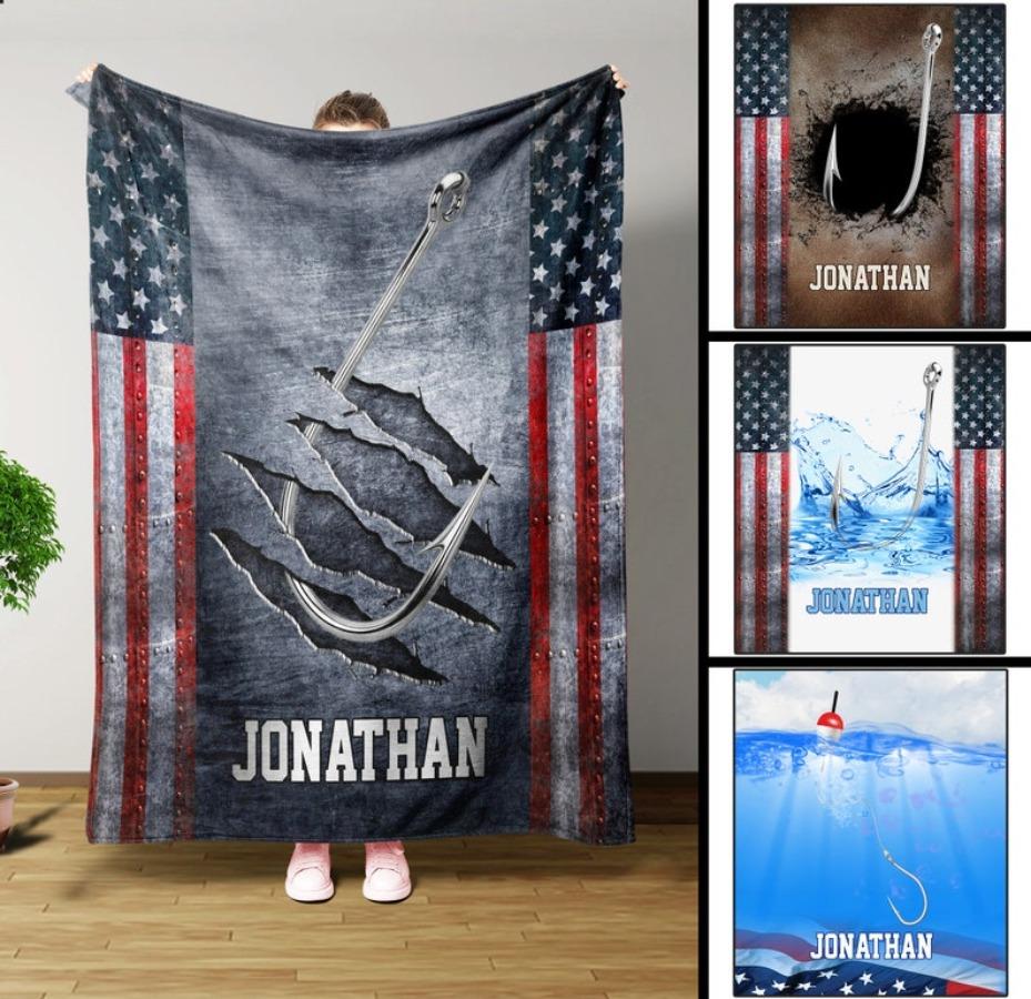 Fishing Blanket, Personalized Blankets And Throws, Fishing Hook & Us Flag Blanket, Fishing Gifts, Gifts For Fishermen, Gifts For Dad