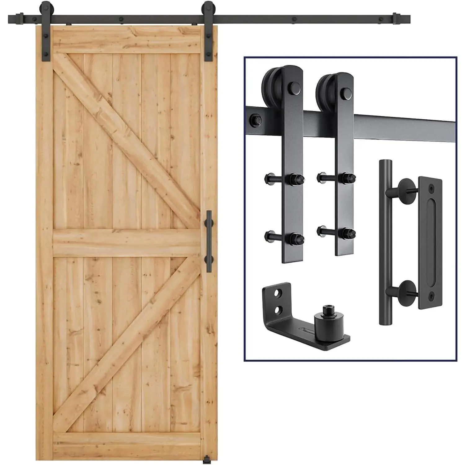 6.8 FT Heavy Duty Sturdy Sliding Barn Door Hardware Kit, Black, (Whole Set Includes 1x Pull Handle Set & 1x Floor Guide)  36"-40" Wide Door Panel (I Shape Hanger)