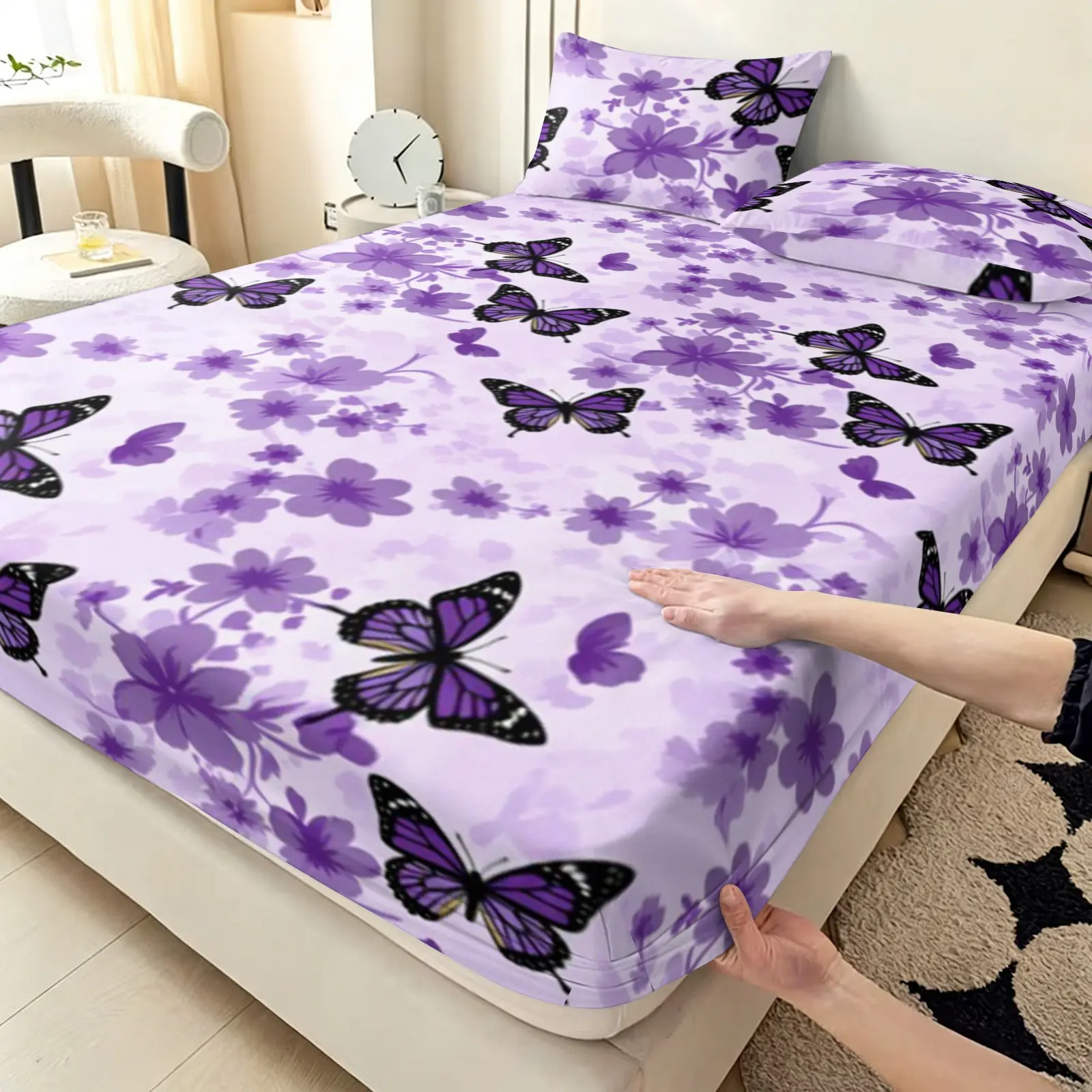 3-piece butterfly floral printed bed cover set, Soft bedding sets, including 1 bed cover and 2 pillow covers, does not include pillow core, available in single, double bed sizes, suitable for bedrooms, guest rooms, university dormitories